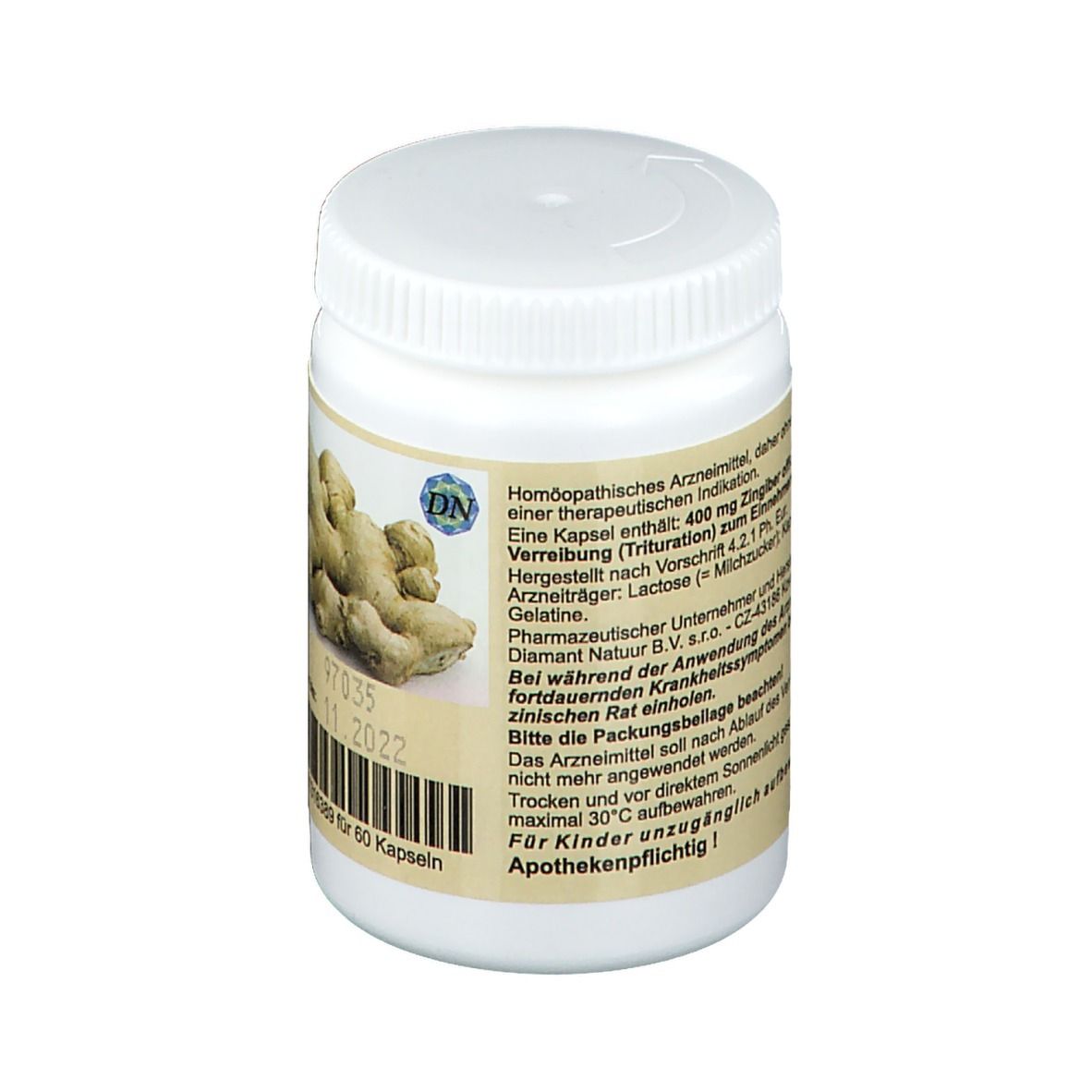 Weiße Flasche mit Schraubverschluss. Etikett mit Produktinformationen, Ingwer-Abbildung und Verfallsdatum.