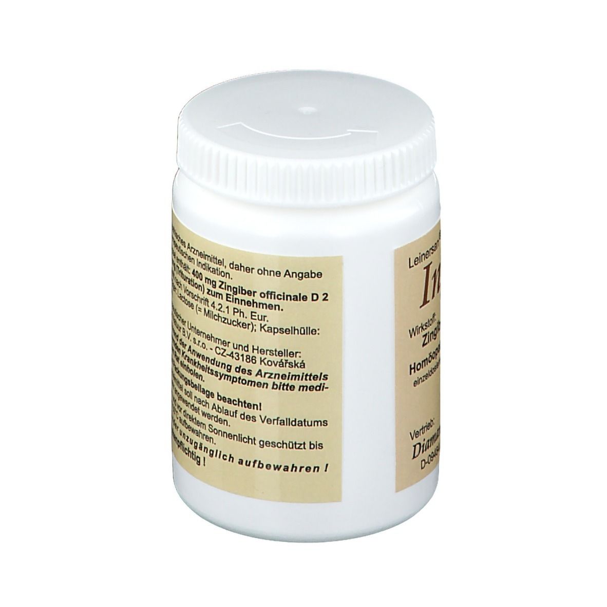 Weiße Flasche mit Schraubverschluss. Etikett mit Produktinformationen und Ingwer-Abbildung.