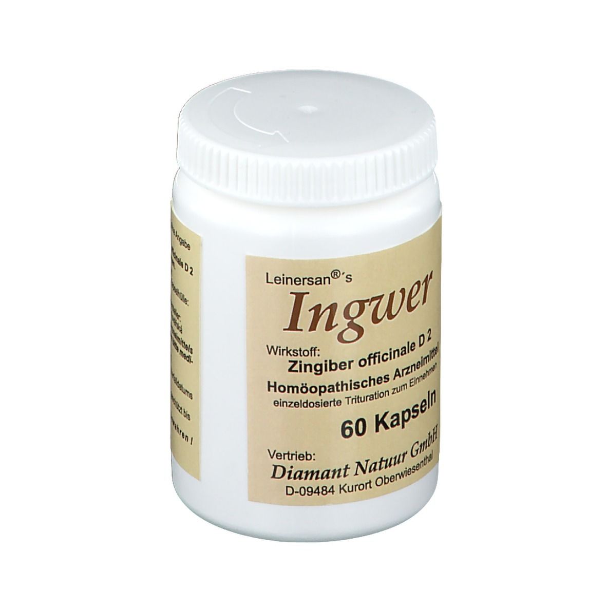 Weiße Flasche mit Schraubverschluss. Etikett mit Produktnamen, Inhaltsstoffen und 60 Kapseln.