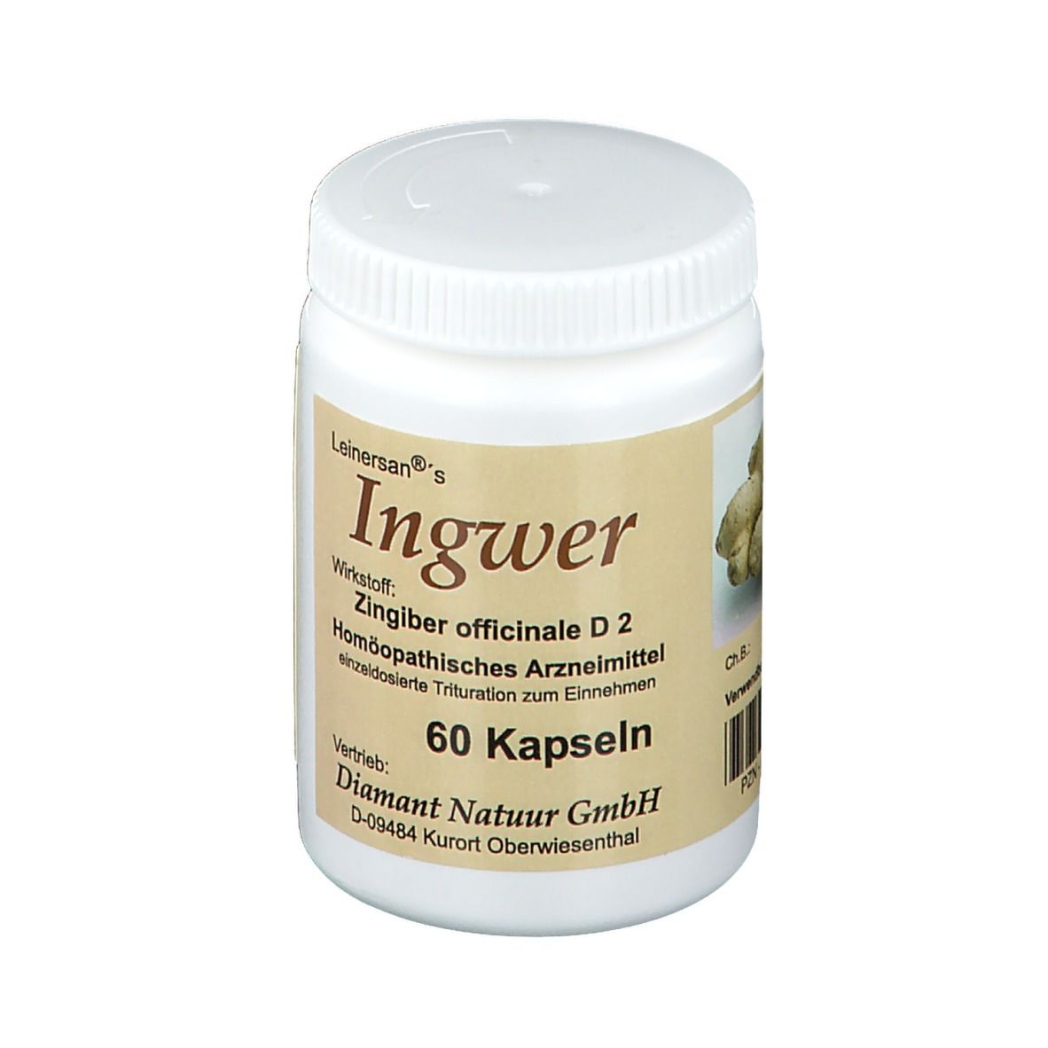 Weiße Flasche mit Schraubverschluss. Etikett mit Produktnamen, Inhaltsstoffen und 60 Kapseln.