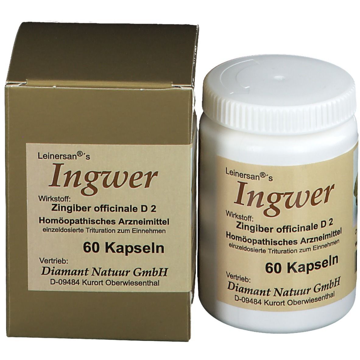 Produktflasche und Karton. Flasche: weiß, Etikett mit Produktnamen. Karton: braun, Produktname und Informationen.