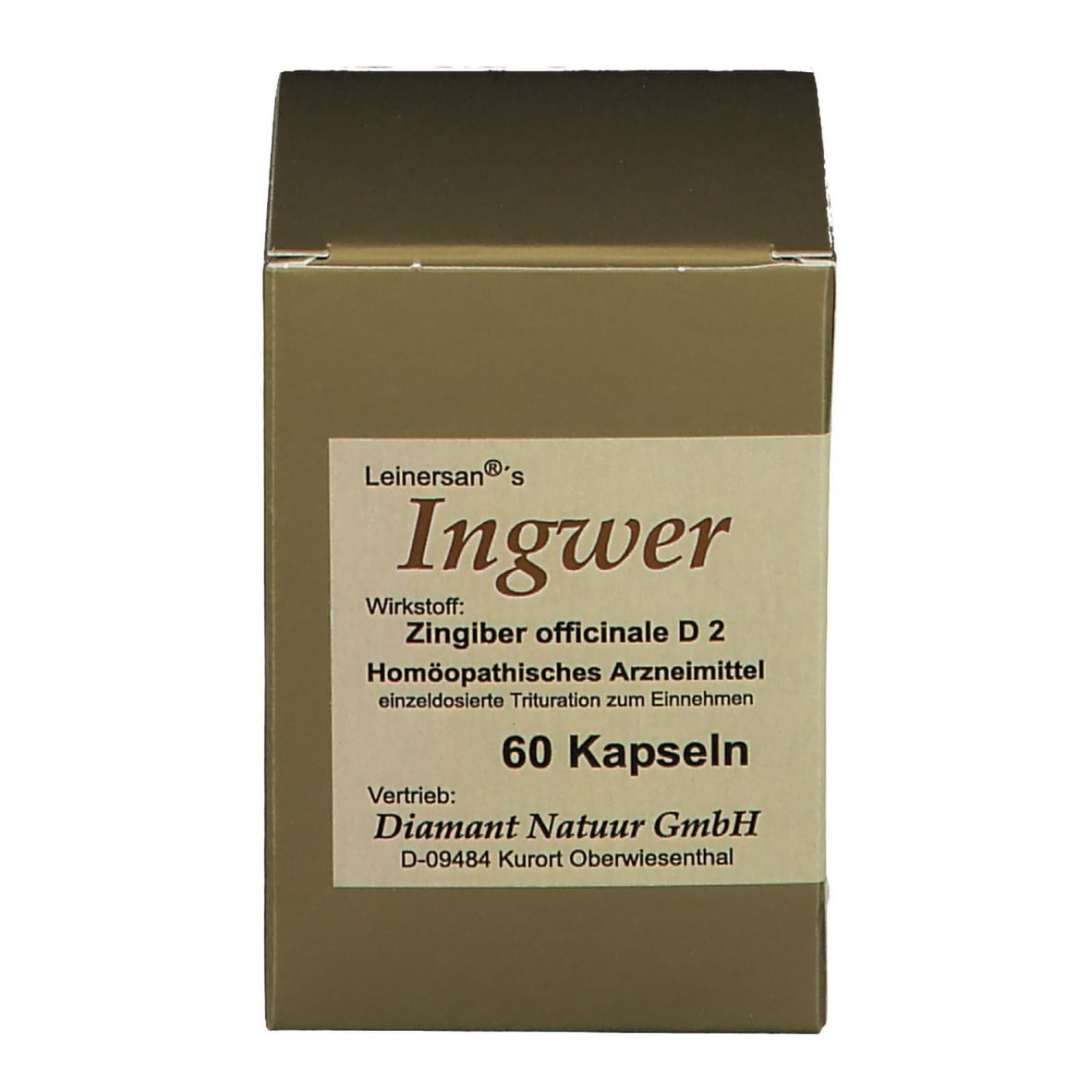 Braune Kartonverpackung. Produktname, Inhaltsstoffe und 60 Kapseln auf dem Etikett.