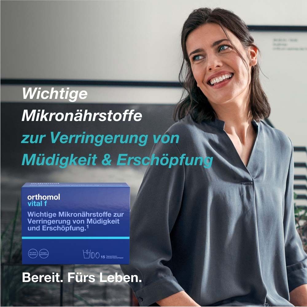 Orthomol Vital f für Frauen - bei Müdigkeit - mit B-Vitaminen, Omega-3 und Magnesium - Granulat/Tabletten/Kapseln - Orangen-Geschmack