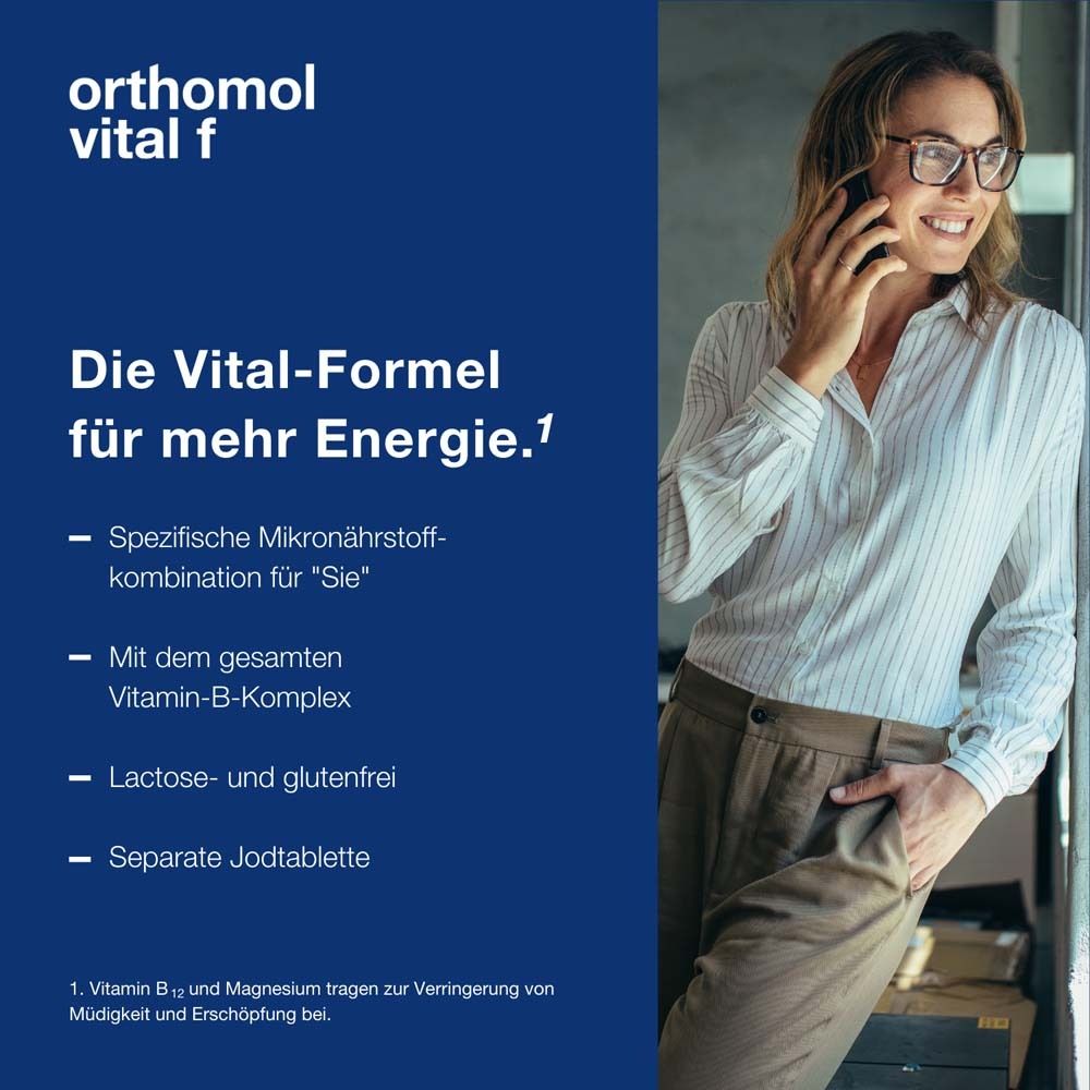 Orthomol Vital f für Frauen - bei Müdigkeit - mit B-Vitaminen, Omega-3 und Magnesium - Granulat/Tabletten/Kapseln - Orangen-Geschmack