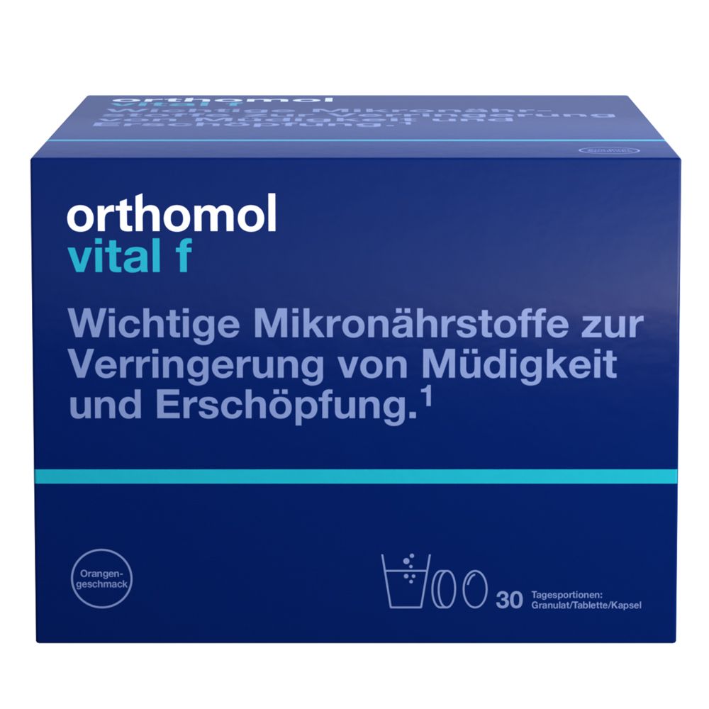 Orthomol Vital f für Frauen - bei Müdigkeit - mit B-Vitaminen, Omega-3 und Magnesium - Granulat/Tabletten/Kapseln - Orangen-Geschmack