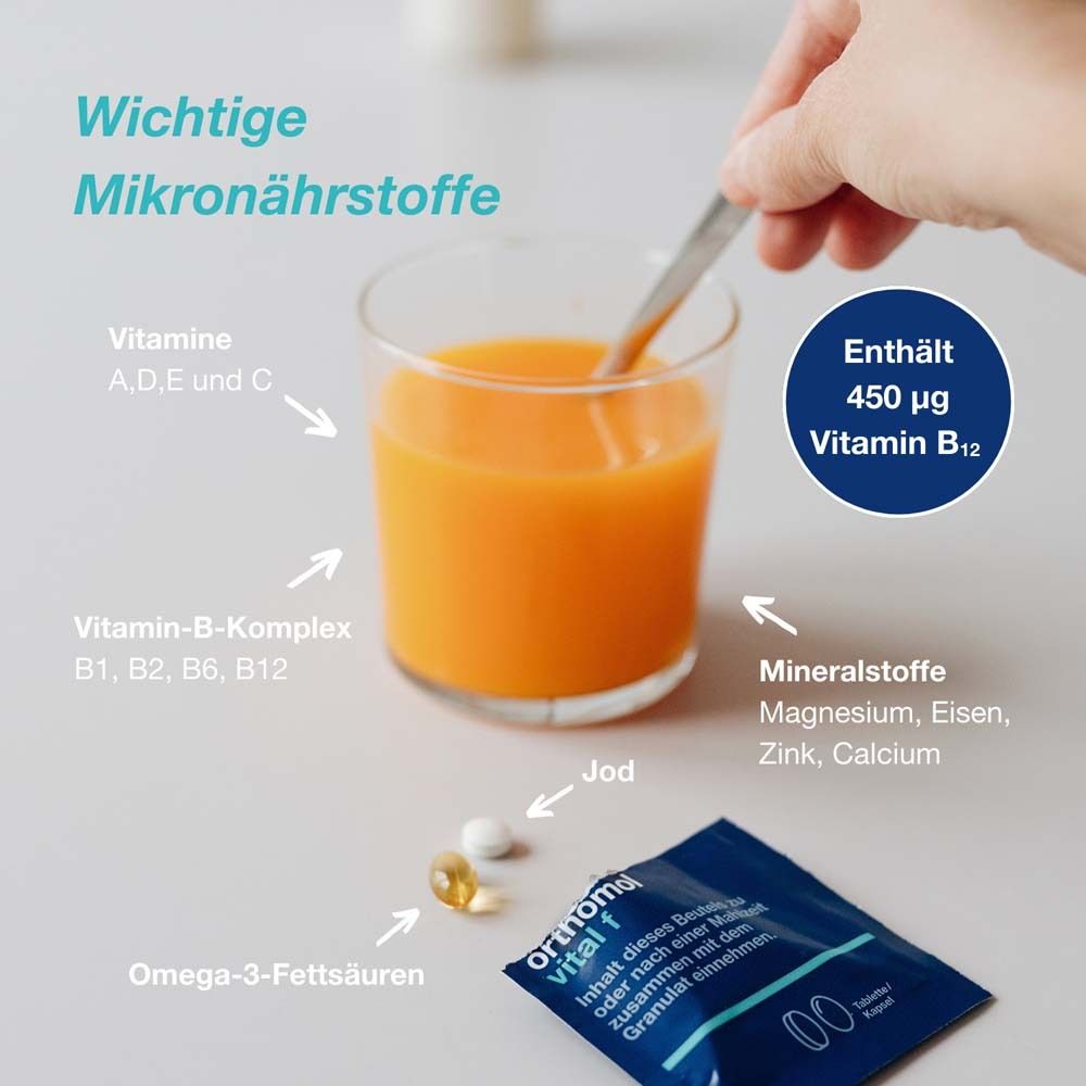 Orthomol Vital f für Frauen - bei Müdigkeit - mit B-Vitaminen, Omega-3 und Magnesium - Granulat/Tabletten/Kapseln - Orangen-Geschmack