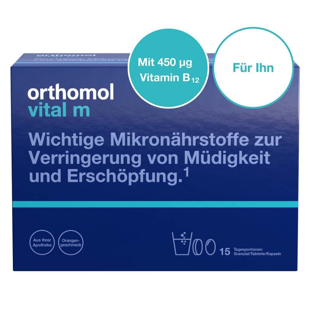 Orthomol Vital m für Männer - bei Müdigkeit - mit B-Vitaminen und Omega-3 - Granulat/Tabletten/Kapseln - Orangen-Geschmack