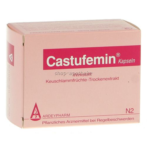 Rosa Karton mit "Castufemin Kapseln" Schriftzug. Enthält Keuschlammfrüchte-Trockenextrakt. Marke ARDEYPHARM. N2.