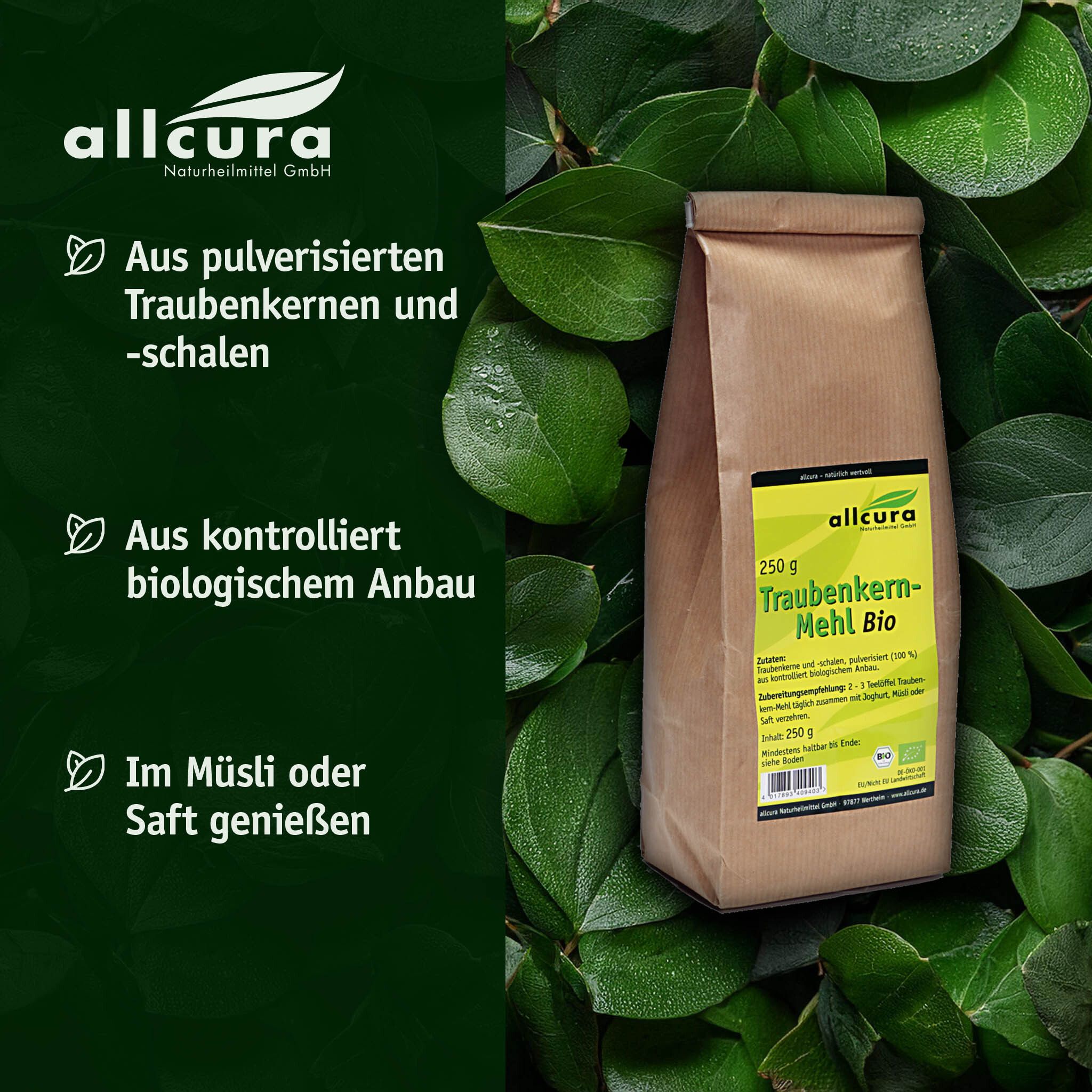 Braune Papiertüte mit gelbem Etikett, umgeben von grünen Blättern. Text: Traubenkern-Mehl Bio. Bio-Siegel.