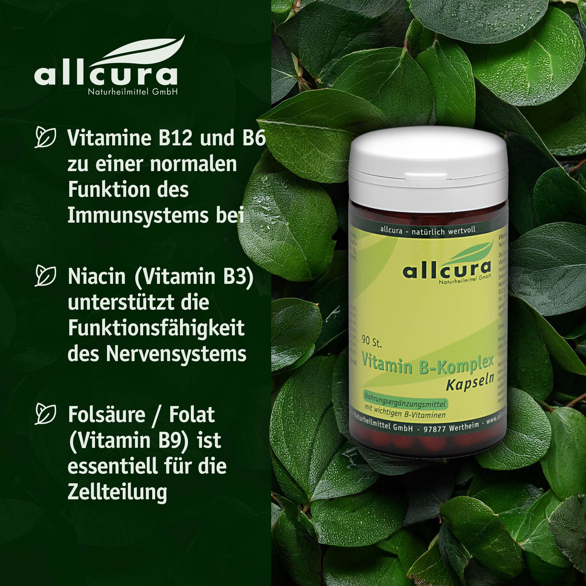Dose allcura Vitamin B-Komplex Kapseln. Text über Vitamin B12, B6, Niacin und Folsäure. Grüner Hintergrund.