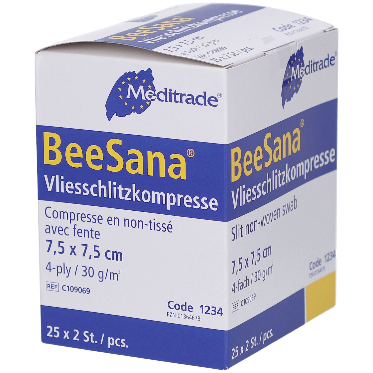 Verpackung mit Vliesschlitztupfern. Größe 7,5 x 7,5 cm, 4-lagig. Marke: BeeSana. Hersteller: Meditrade. 25 x 2 Stück.
