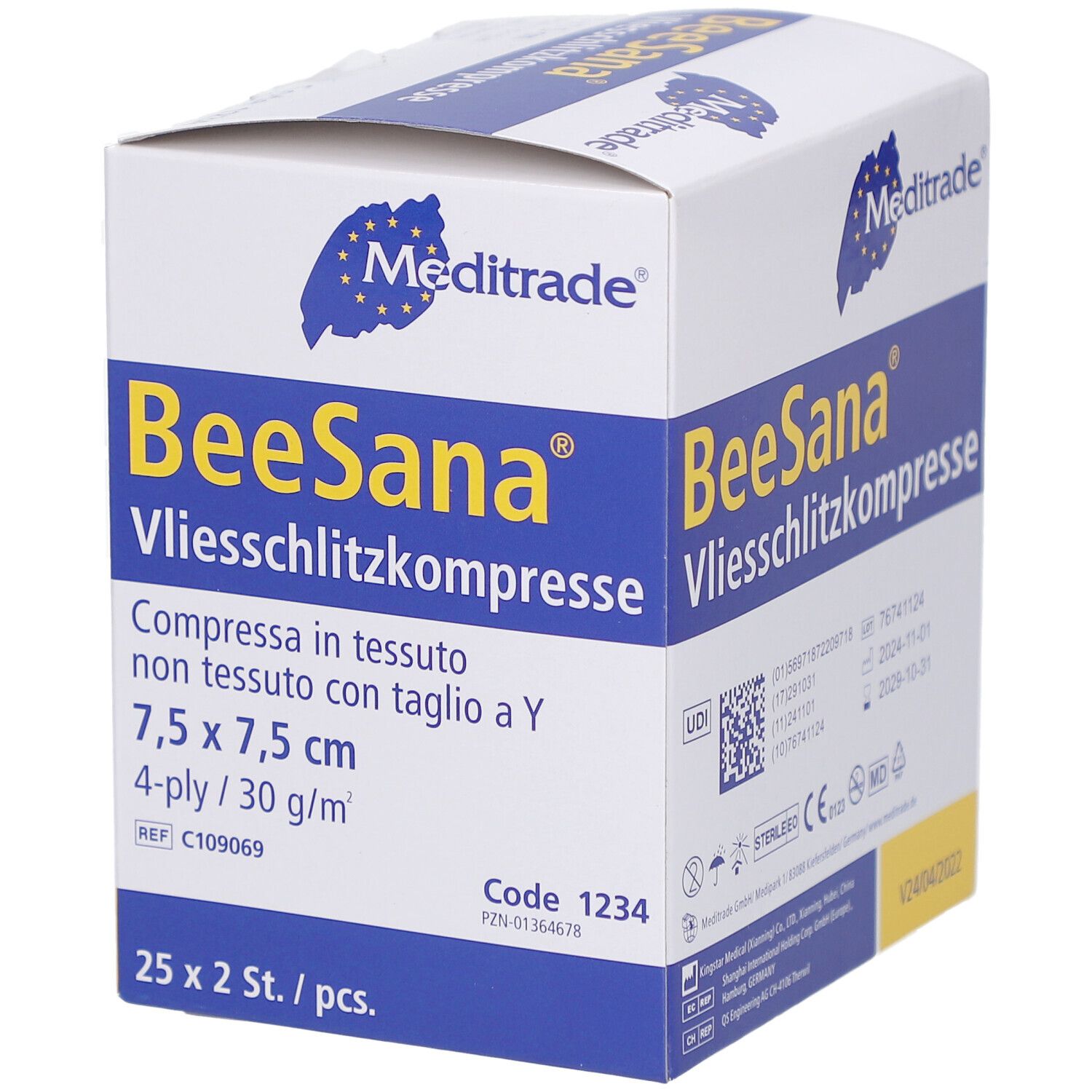 Verpackung mit Vliesschlitztupfern. Größe 7,5 x 7,5 cm, 4-lagig. Marke: BeeSana. Hersteller: Meditrade. 25 x 2 Stück.