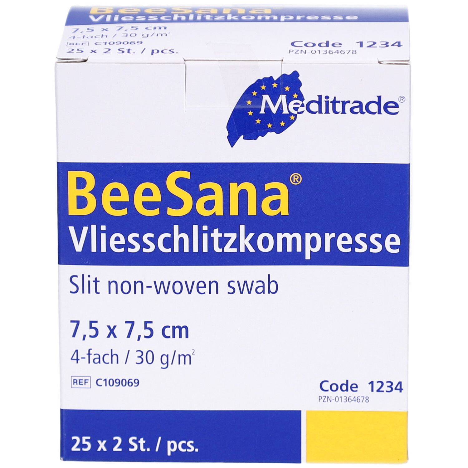 Verpackung mit Vliesschlitztupfern. Größe 7,5 x 7,5 cm, 4-lagig. Marke: BeeSana. Hersteller: Meditrade. 25 x 2 Stück.