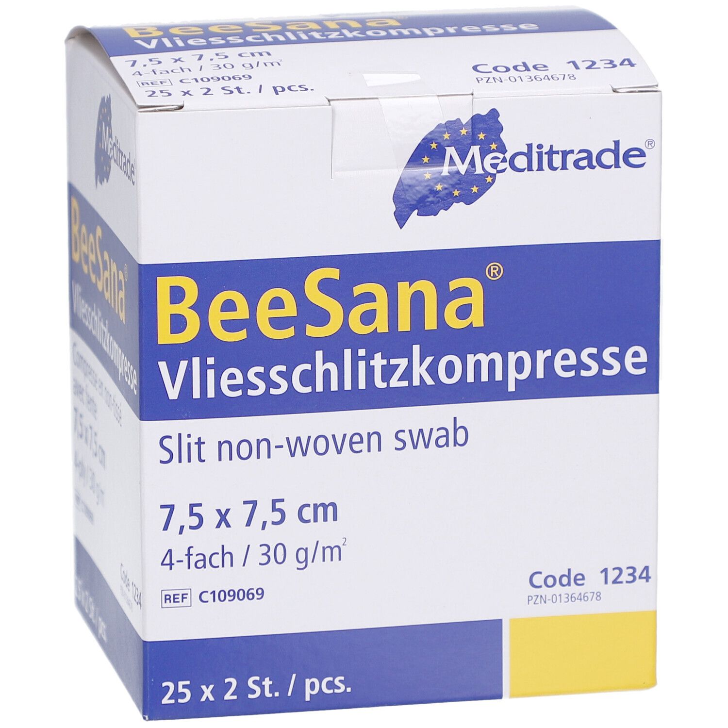 Verpackung mit Vliesschlitztupfern. Größe 7,5 x 7,5 cm, 4-lagig. Marke: BeeSana. Hersteller: Meditrade. 25 x 2 Stück.