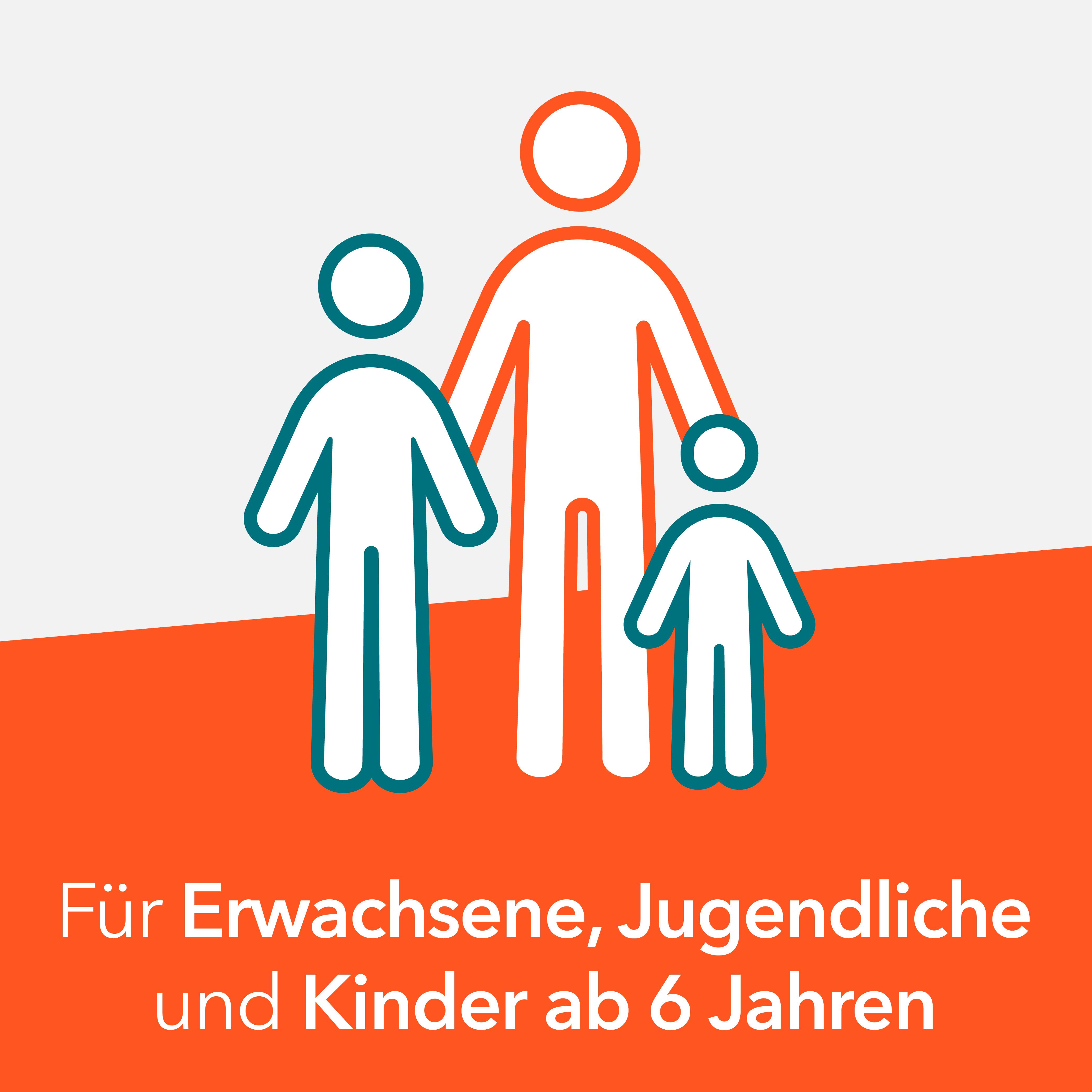 Illustration von Erwachsenen und Kindern. Orange Balken mit Text: Für Erwachsene, Jugendliche und Kinder ab 6 Jahren.