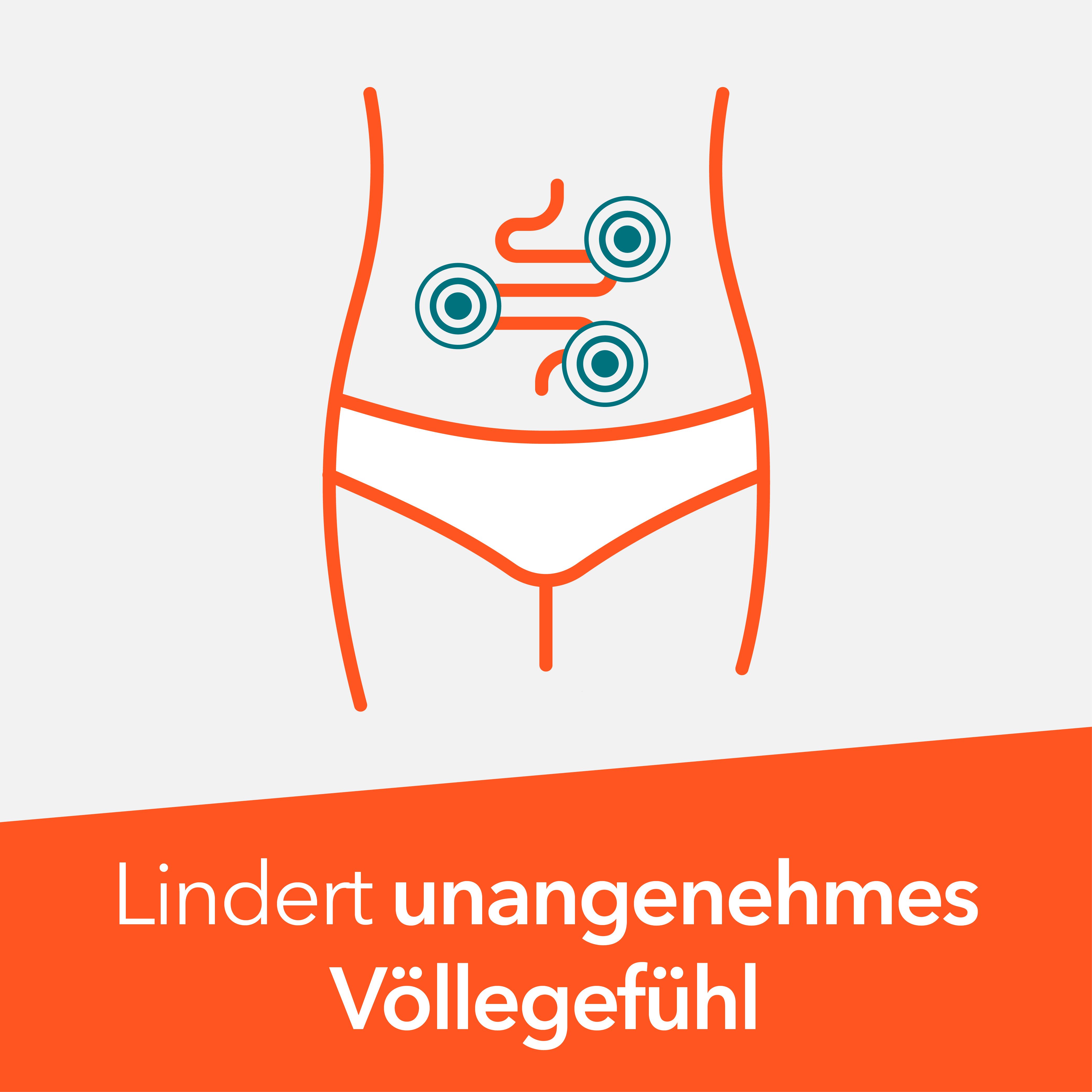 Abbildung eines Bauches mit Kreisen. Orangefarbener Balken mit Text: Lindert unangenehmes Völlegefühl.