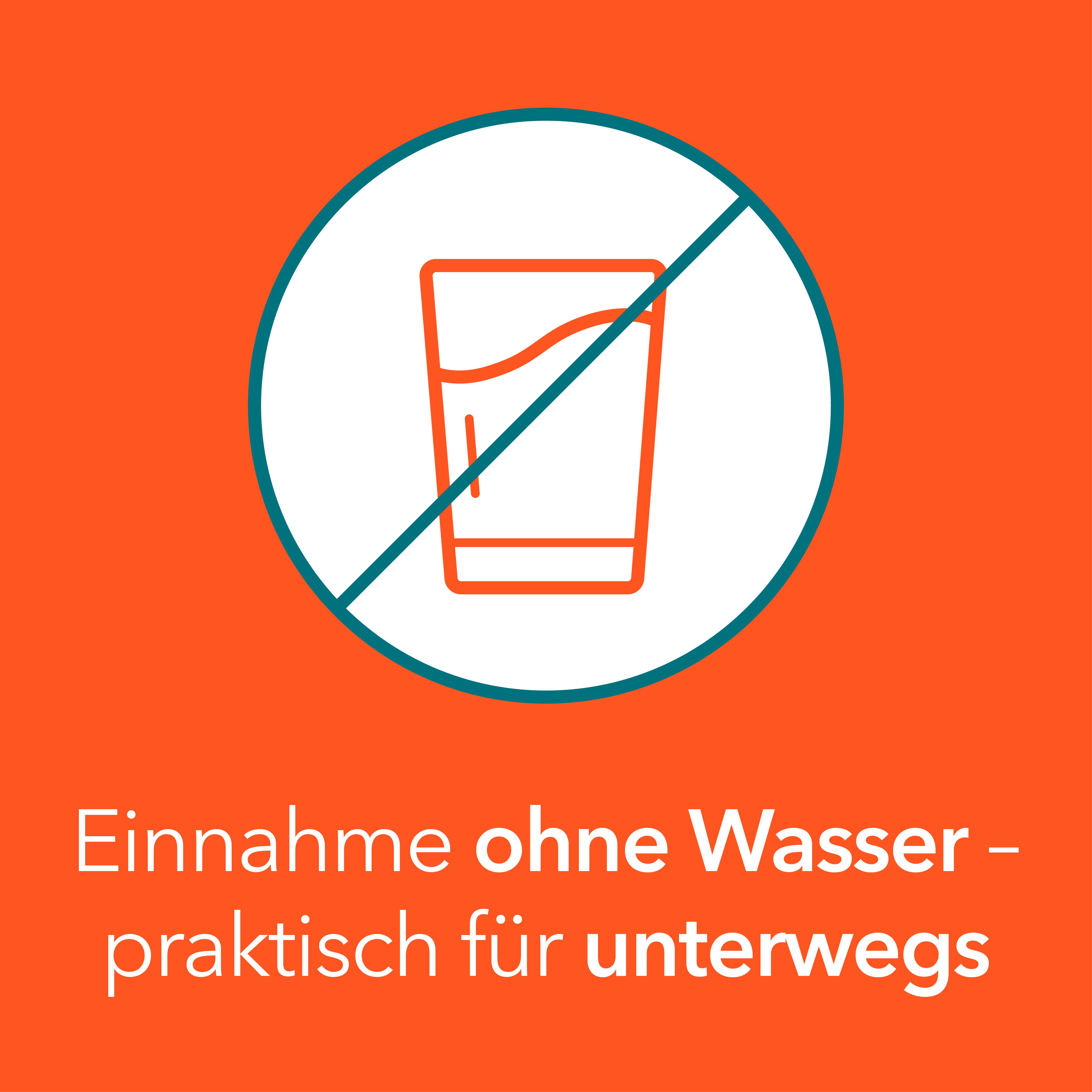 Glas mit durchgestrichenem Symbol. Orangefarbener Balken mit Text: Einnahme ohne Wasser - praktisch für unterwegs.