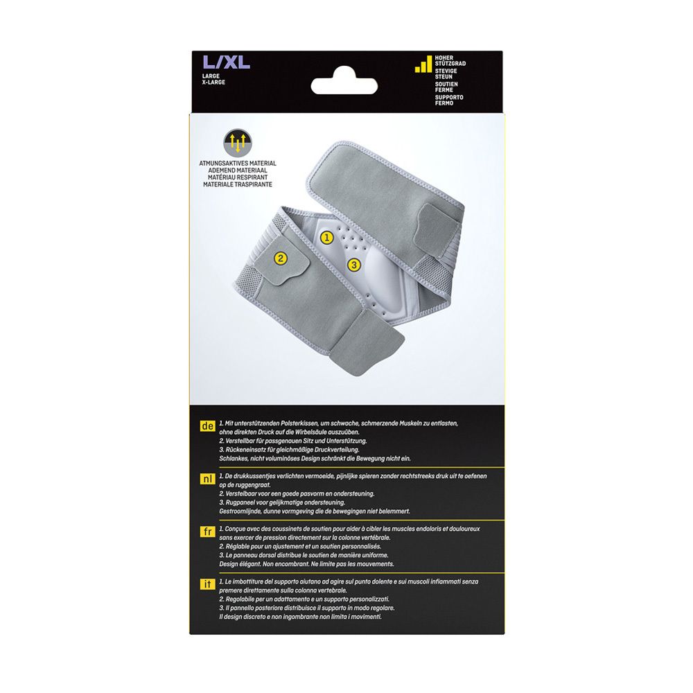 Rückseite der FUTURO™ L-XL Verpackung. Produktabbildung, Größenangaben und Anwendungshinweise. Graue Bandage.