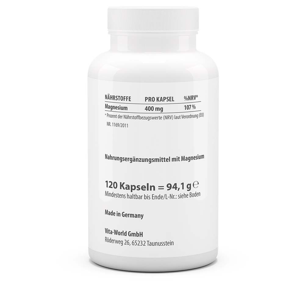 Rückseite der weißen Flasche. Nährwertangaben: Magnesium 400mg. 120 Kapseln. Hergestellt in Deutschland.