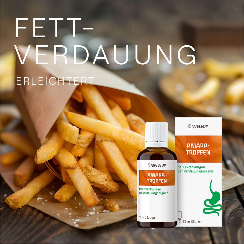 Pommes Frites in Papiertüte. Daneben Flasche und Schachtel. Text: Fettverdauung erleichtert.