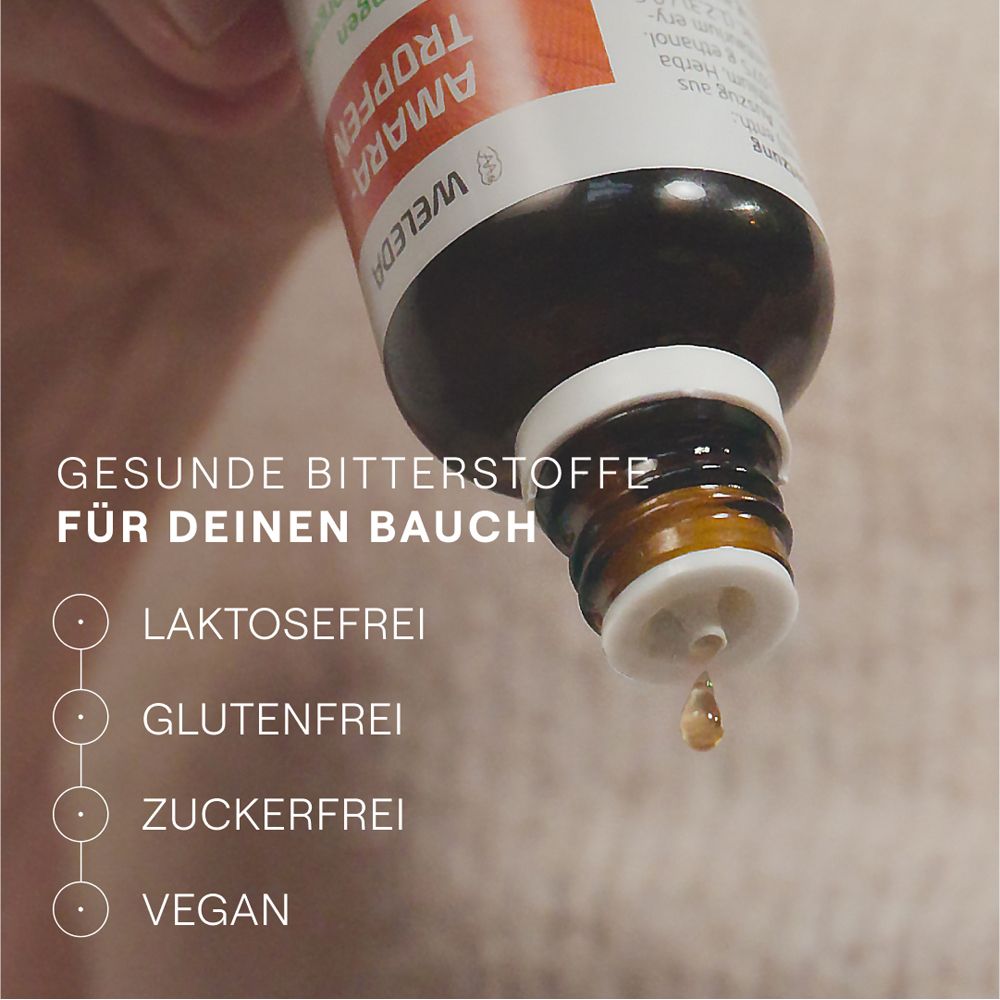 Flüssigkeit tropft aus einer Flasche. Text: Gesunde Bitterstoffe für deinen Bauch. Laktosefrei, glutenfrei, zuckerfrei, vegan.