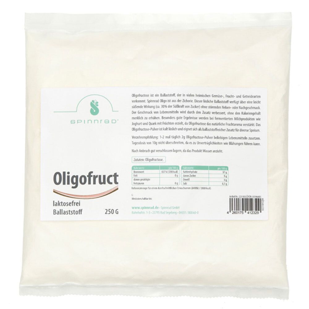 Beutel mit weißem Pulver. Aufdruck: Oligofruct, laktosefrei, Ballaststoff, 250 g. Logo Spinnrad®.