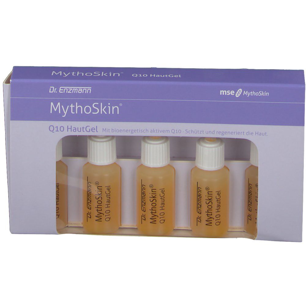 Verpackung mit drei kleinen Fläschchen. Aufschrift: MythoSkin Q10 HautGel. Fläschchen mit gelblicher Flüssigkeit.
