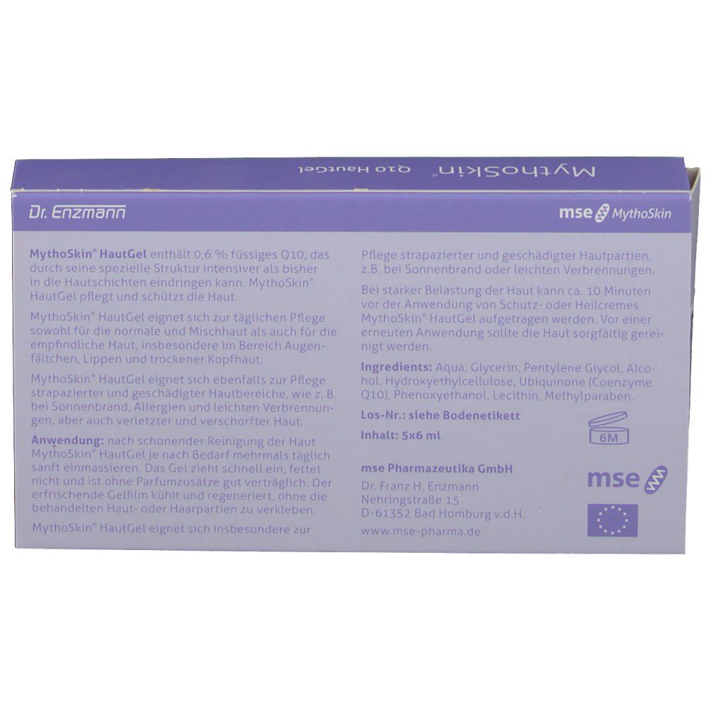 Rückseite der Verpackung. Text mit Produktinformationen und Inhaltsstoffen. Logo: mse Pharmazeutika GmbH.