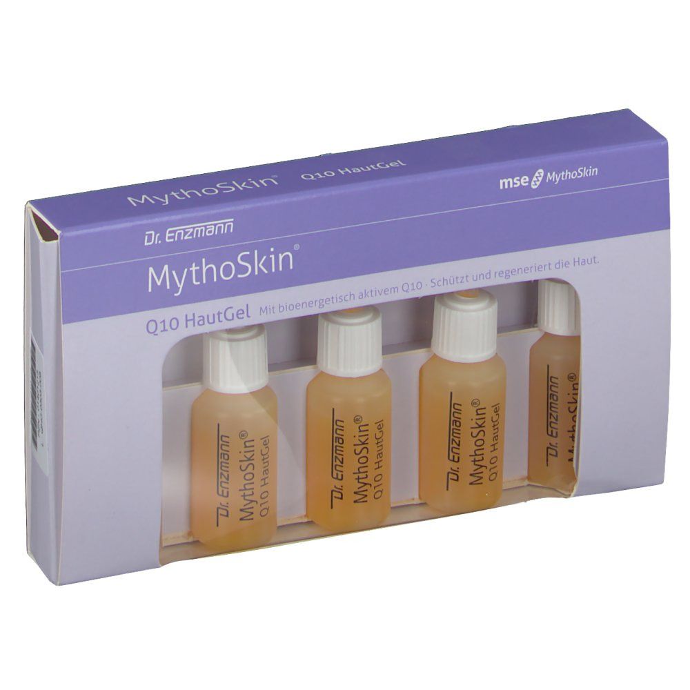 Verpackung mit vier kleinen Fläschchen. Aufschrift: MythoSkin Q10 HautGel. Fläschchen mit gelblicher Flüssigkeit.