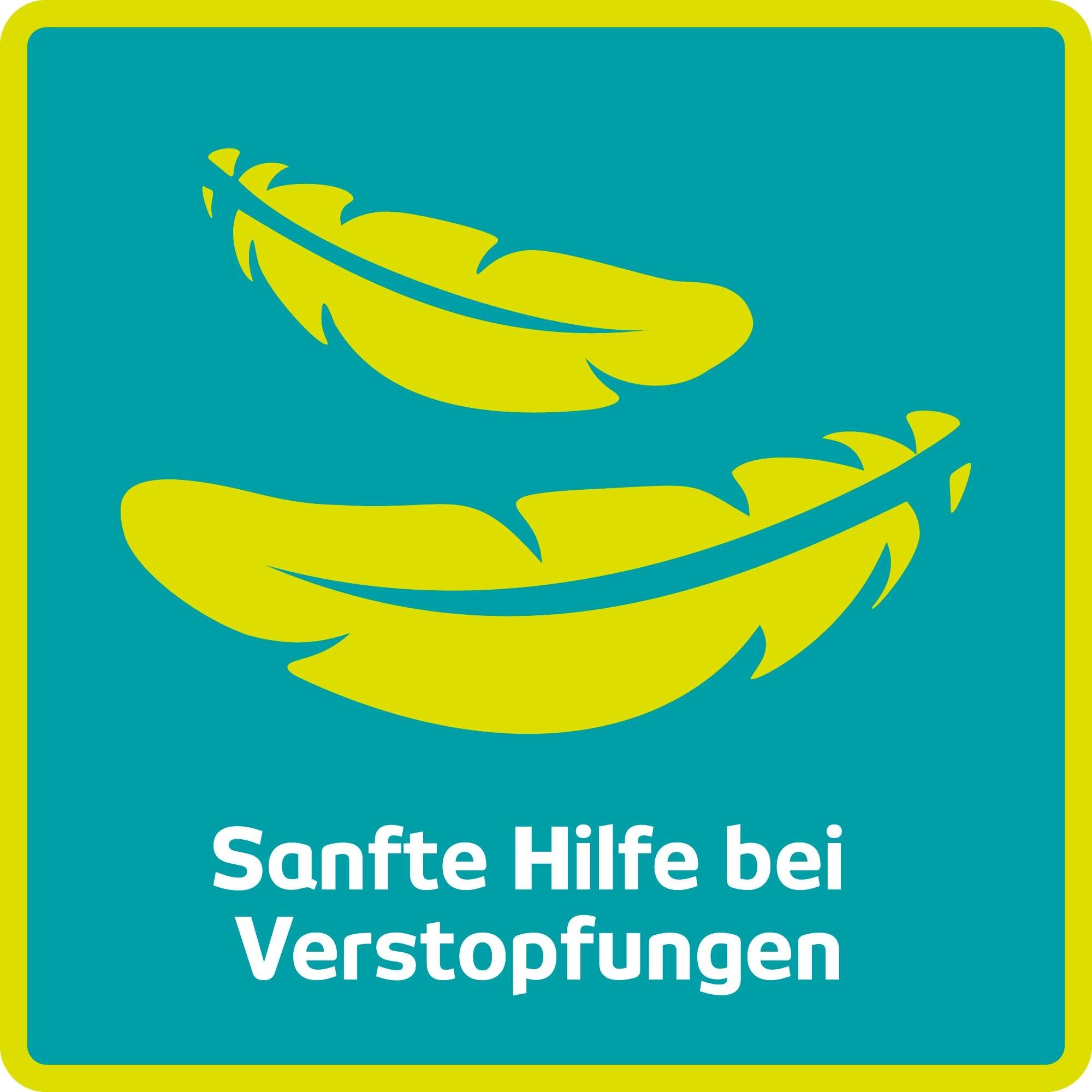 Gelbes Quadrat mit zwei Federn. Text: Sanfte Hilfe bei Verstopfungen.