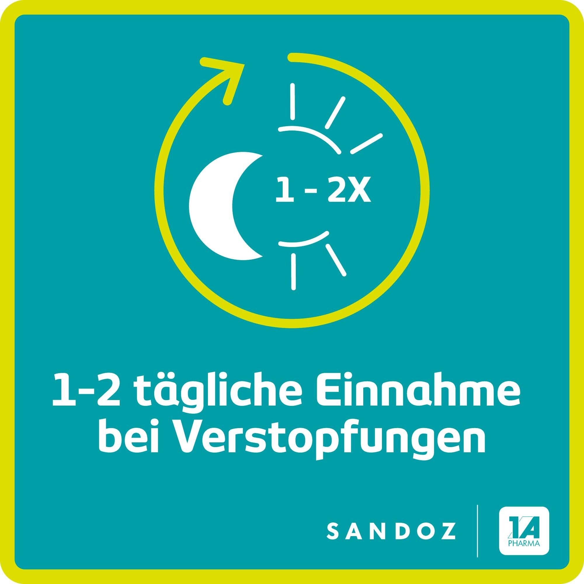 Gelbes Quadrat mit Sonne und Mond. Text: 1-2 tägliche Einnahme bei Verstopfungen.