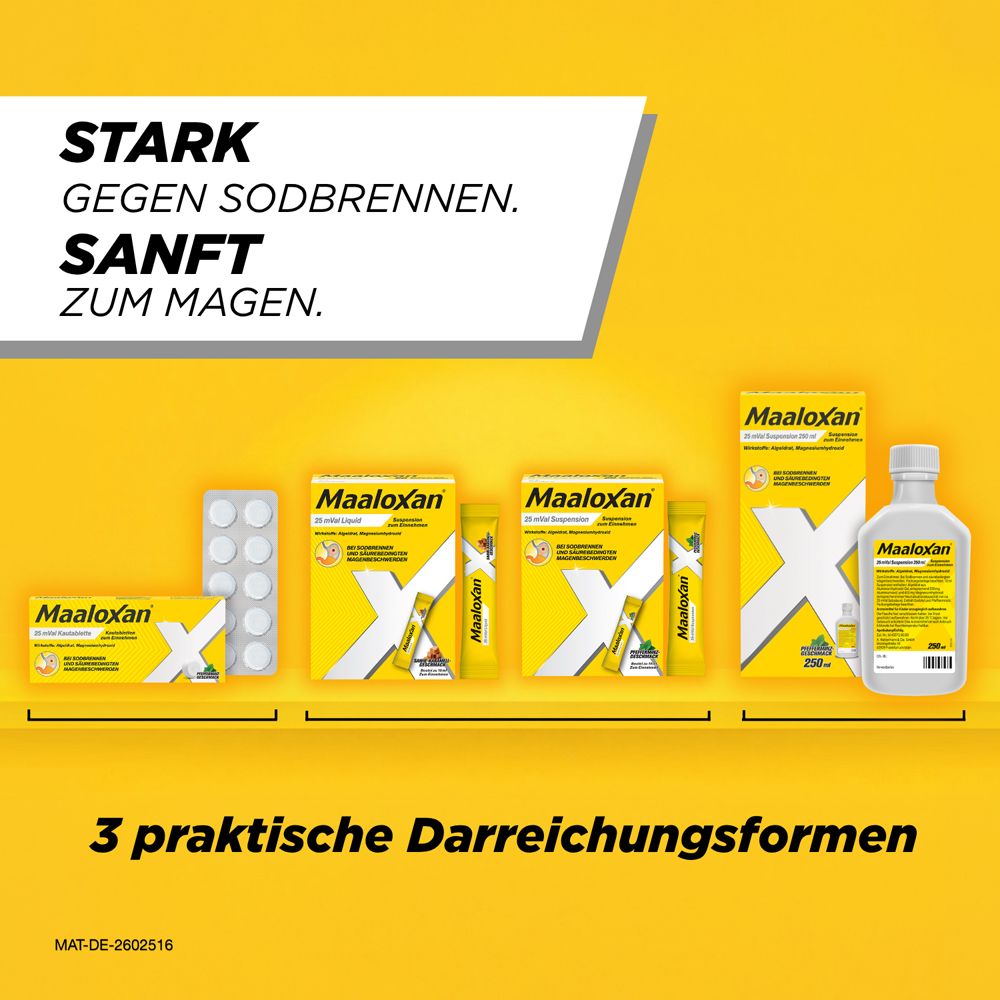 Verschiedene Maaloxan-Darreichungsformen: Schachteln, Beutel und Flasche.