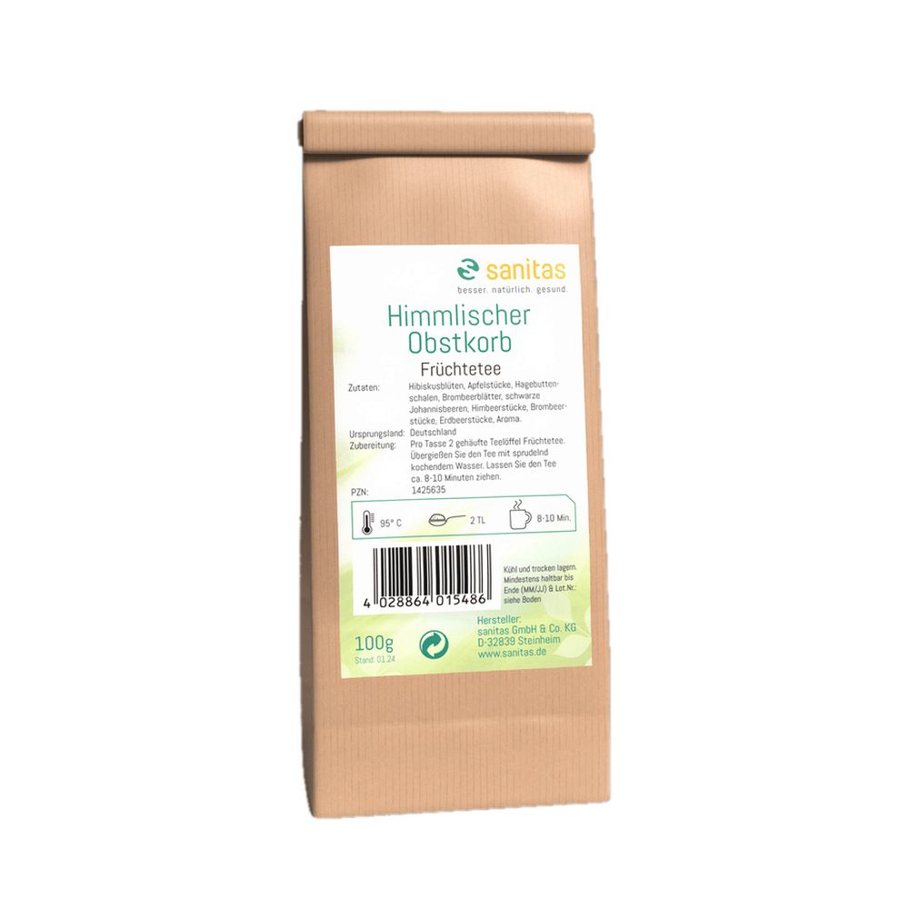 Braune Papiertüte mit Fruchttee 'Himmlischer Obstkorb' von Sanitas. 100g.