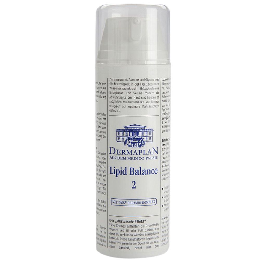 Weiße Flasche mit Pumpkopf. Aufschrift: DERMAPLAN Lipid Balance 2. Mit DICU Ceramid Komplex.
