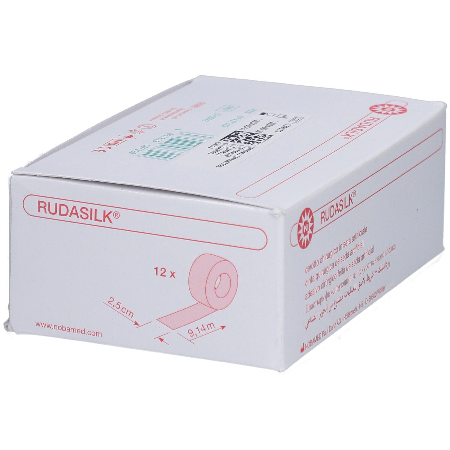Weiße Verpackung mit rotem RUDASILK Logo. Gezeigt: Rolle Fixierpflaster. Maße: 2,5 cm x 9,14 m. 12 Rollen.