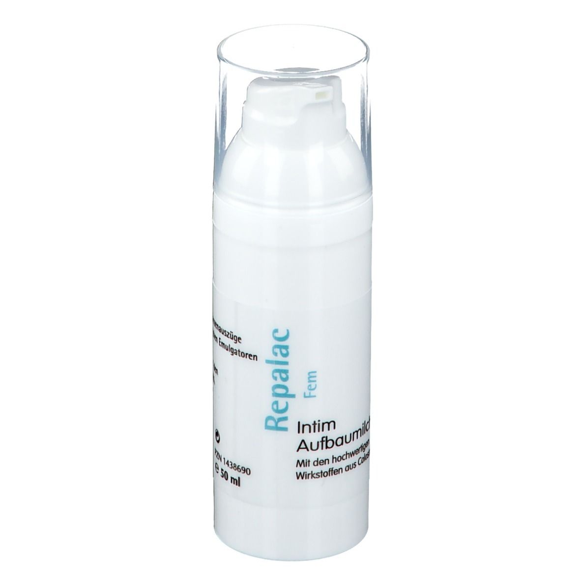 Weiße Flasche mit durchsichtigem Deckel. Aufschrift: Repalac Fem Intim-Aufbaumilch. 50 ml.