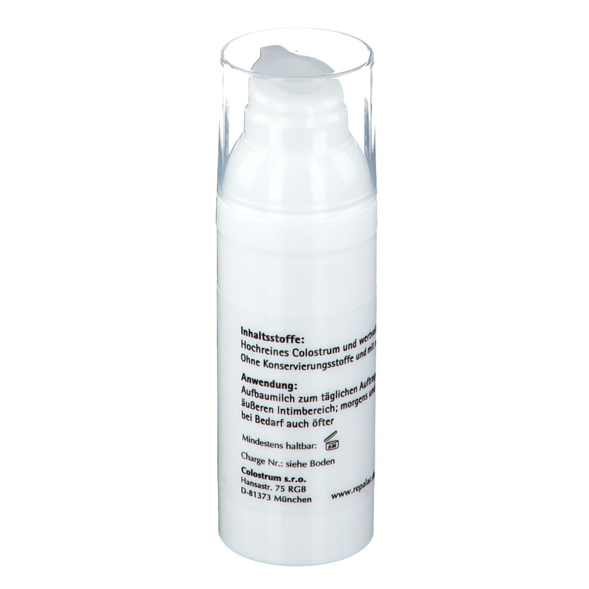 Weiße Flasche mit durchsichtigem Deckel. Aufschrift: Repalac Fem Intim-Aufbaumilch. 50 ml.