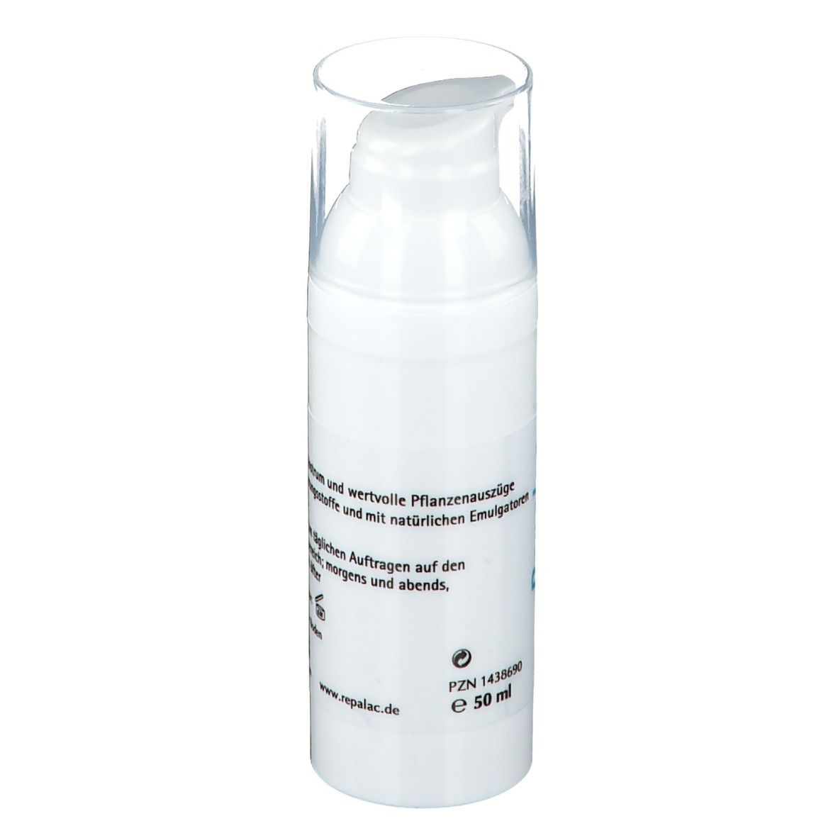 Weiße Flasche mit durchsichtigem Deckel. Aufschrift: Repalac Fem Intim-Aufbaumilch. 50 ml.