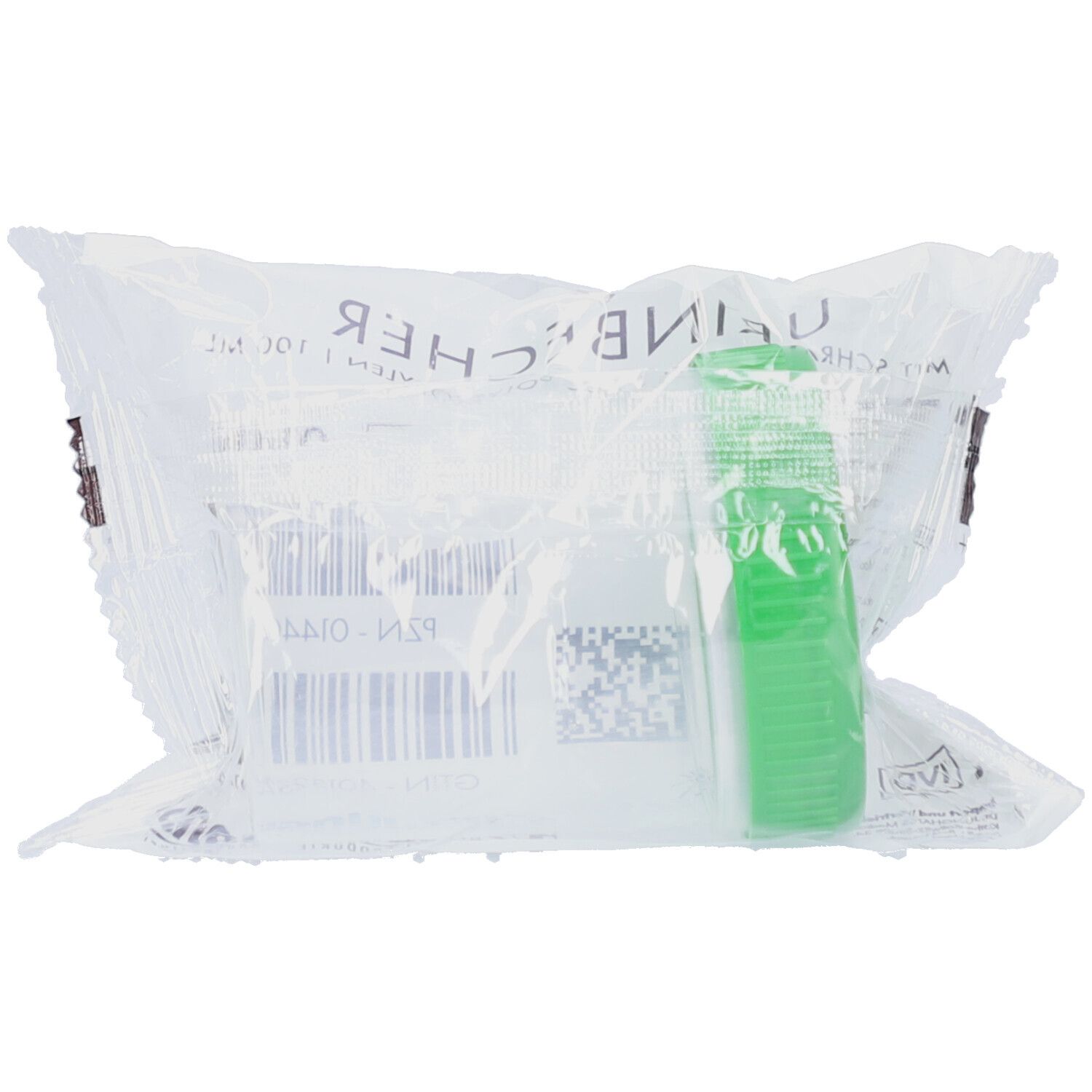 Urinbecher in transparenter Verpackung. Grüner Deckel sichtbar. Barcode und Text auf der Verpackung.