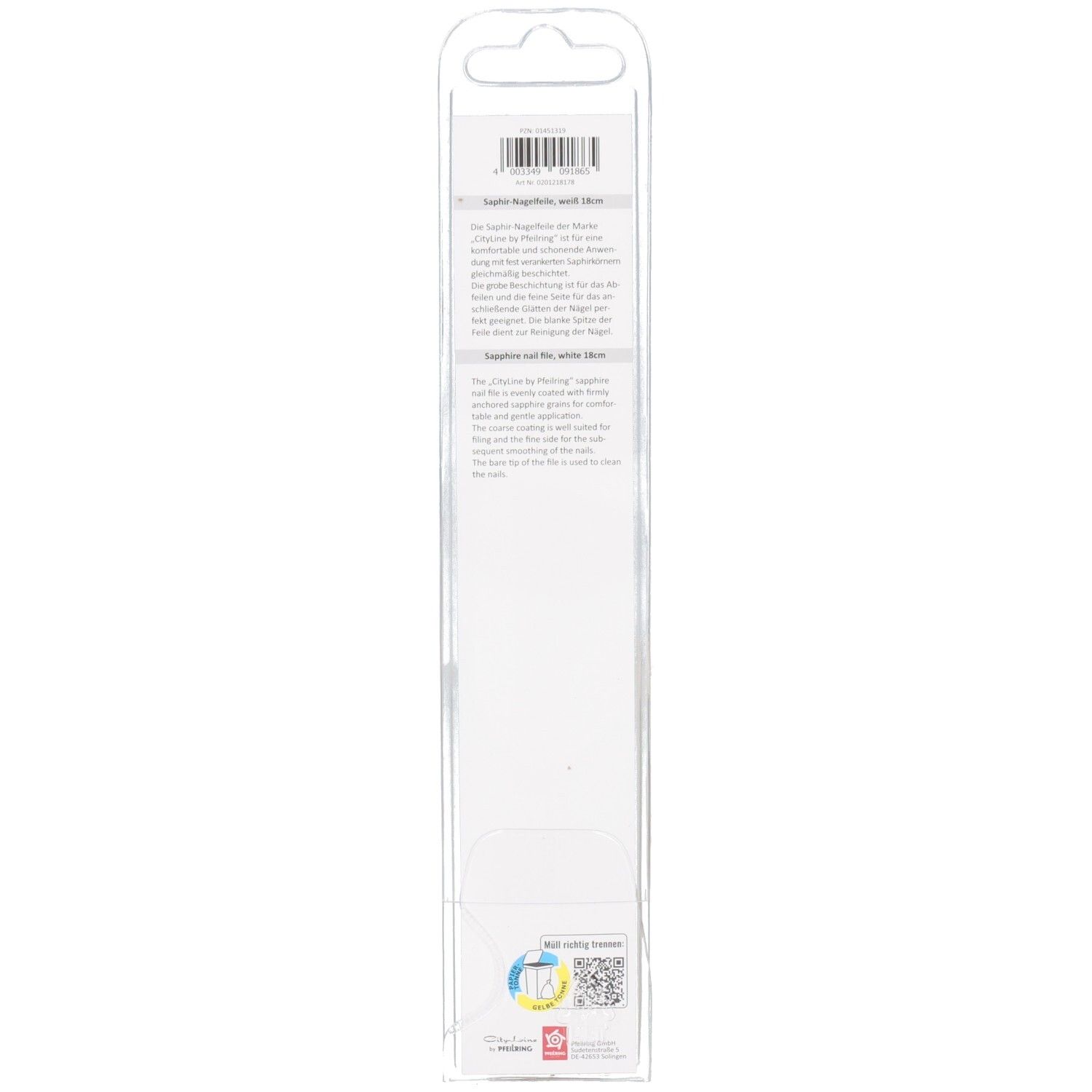 Rückseite der Produktverpackung. Verpackung aus transparentem Kunststoff. Produktinformationen.
