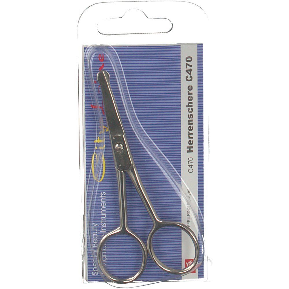 Kleine, silberfarbene Schere in Blisterverpackung. Auf der Verpackung steht "C470 Herrenschere".
