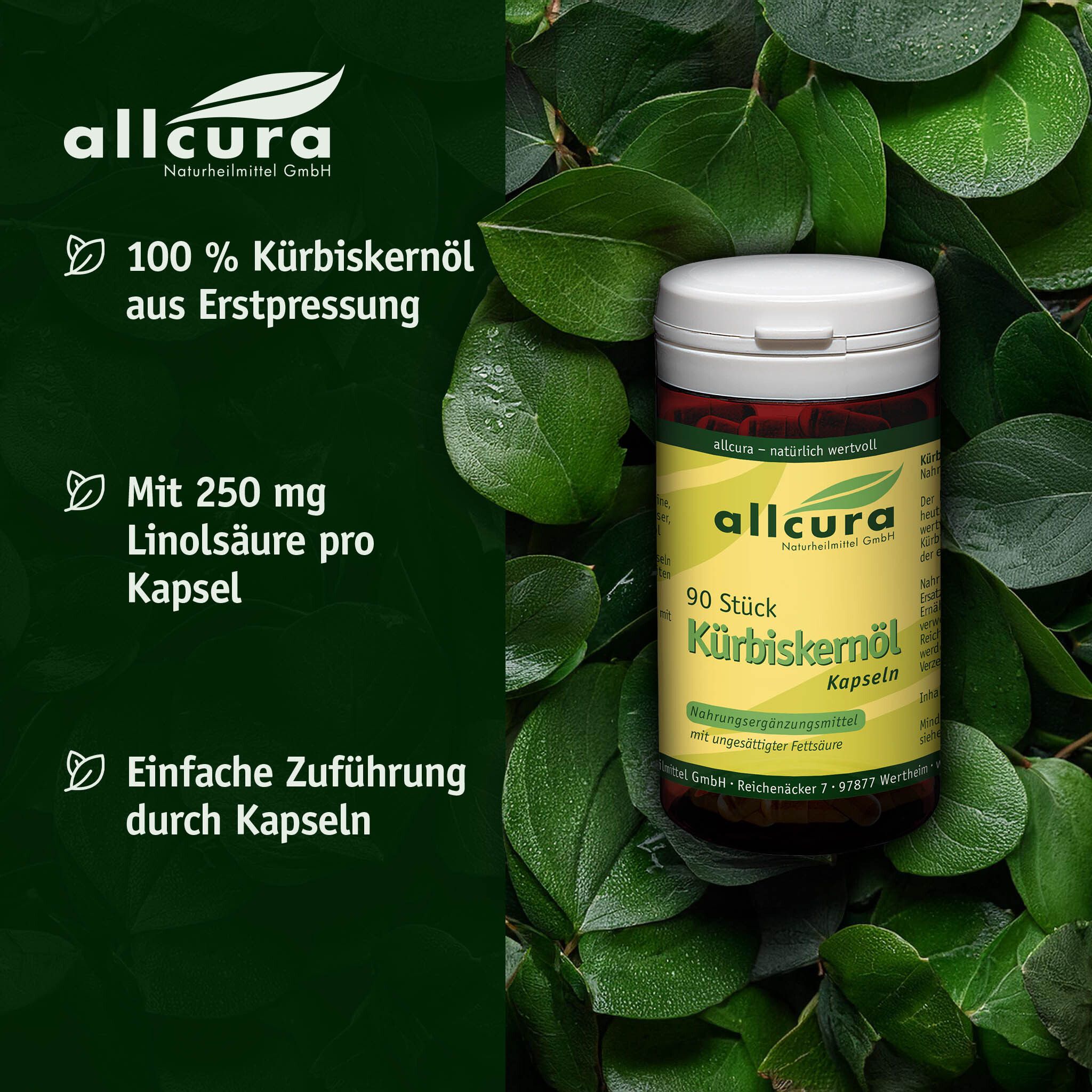 Dose mit Kapseln, umgeben von Blättern. Aufschrift: allcura Kürbiskernöl Kapseln, 90 Stück. Grün-gelbes Etikett.