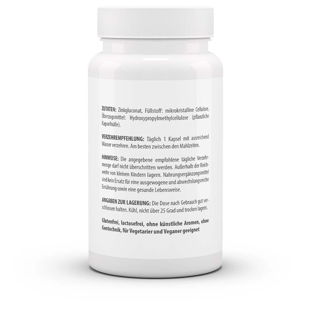 Rückseite der weißen Flasche. Zutaten, Verzehrempfehlung, Hinweise, Angaben zur Lagerung. Glutenfrei, laktosefrei.