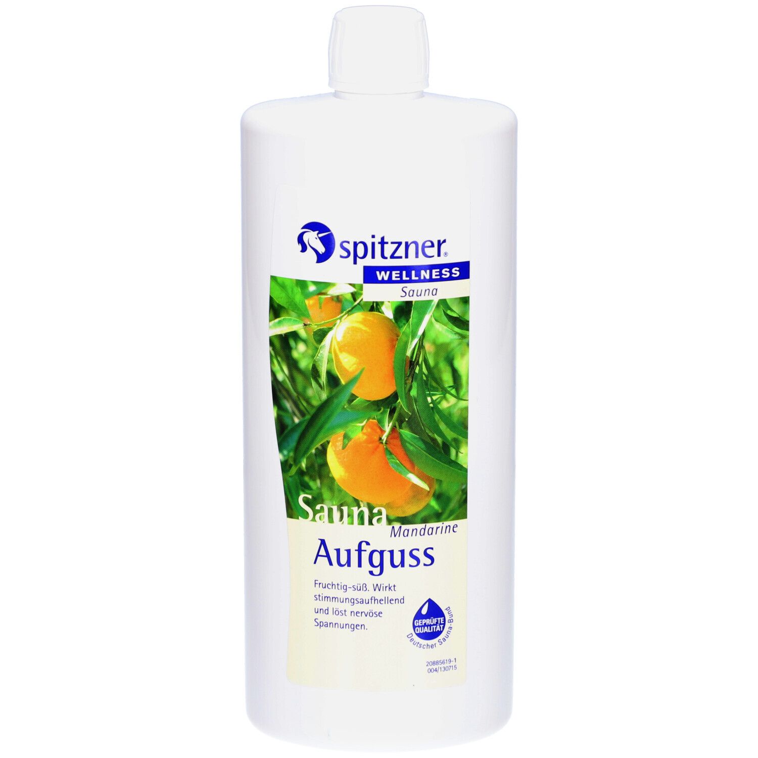 Flasche mit Spitzner Wellness Saunaaufguss Mandarine. Etikett mit Mandarinen-Illustration und Produktnamen.