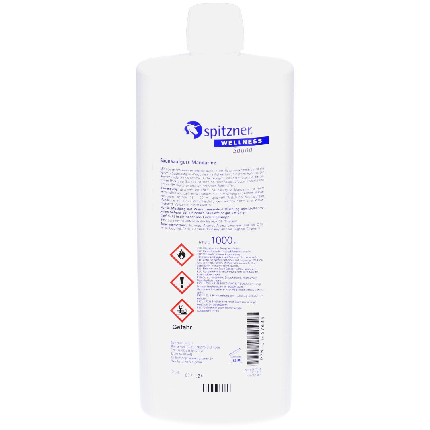 Rückseite der Flasche Spitzner Wellness Saunaaufguss Mandarine. Text, Warnhinweise und Mengenangabe.