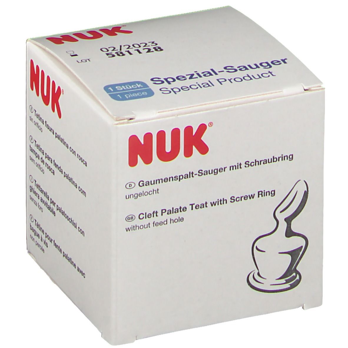 Verpackung mit NUK-Logo. Text: Spezial-Sauger, Gaumenspaltensauger mit Schraubring, ungelocht.