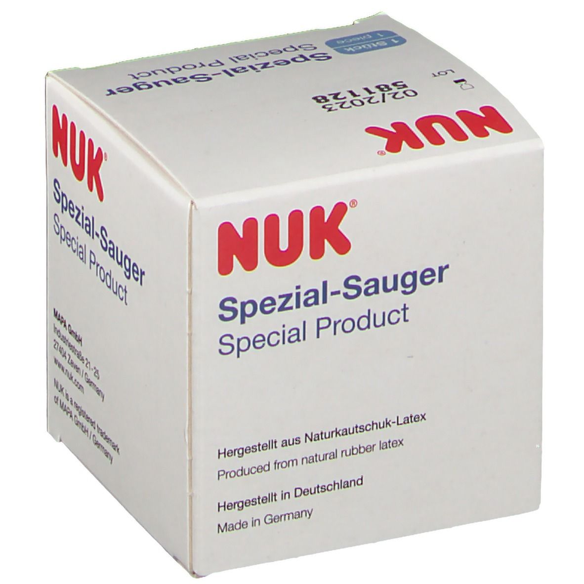 Verpackung mit NUK-Logo. Text: Spezial-Sauger. Hergestellt aus Naturkautschuk-Latex. Made in Germany.