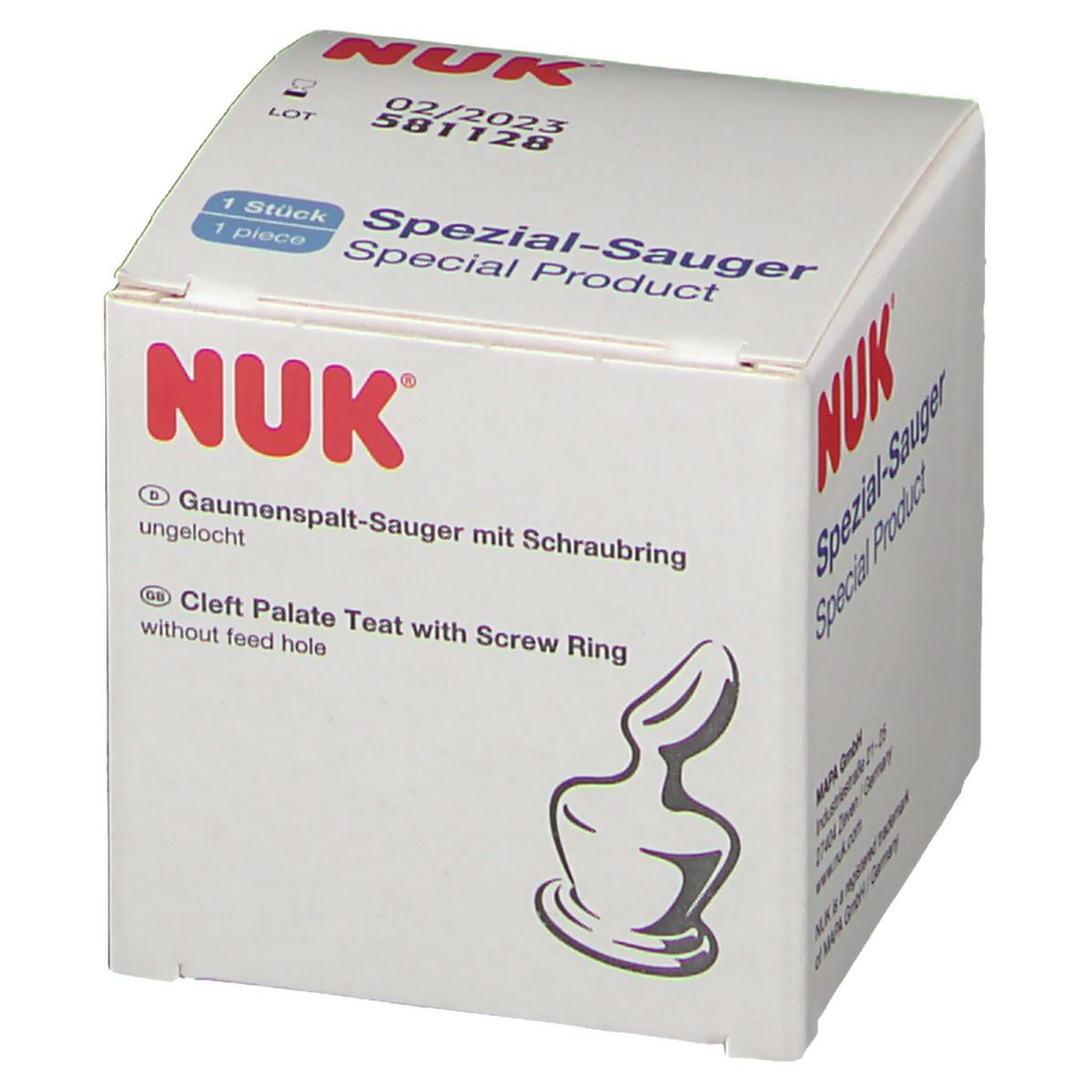 Verpackung mit NUK-Logo. Text: Spezial-Sauger, Gaumenspaltensauger mit Schraubring, ungelocht. 1 Stück.