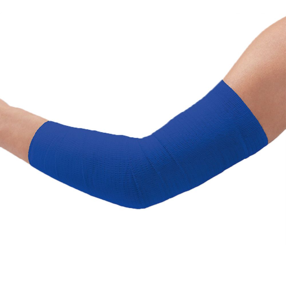 Blaues Verband am Arm. Gewebtes Material, um den Ellbogen gewickelt. Keine weiteren Details sichtbar.