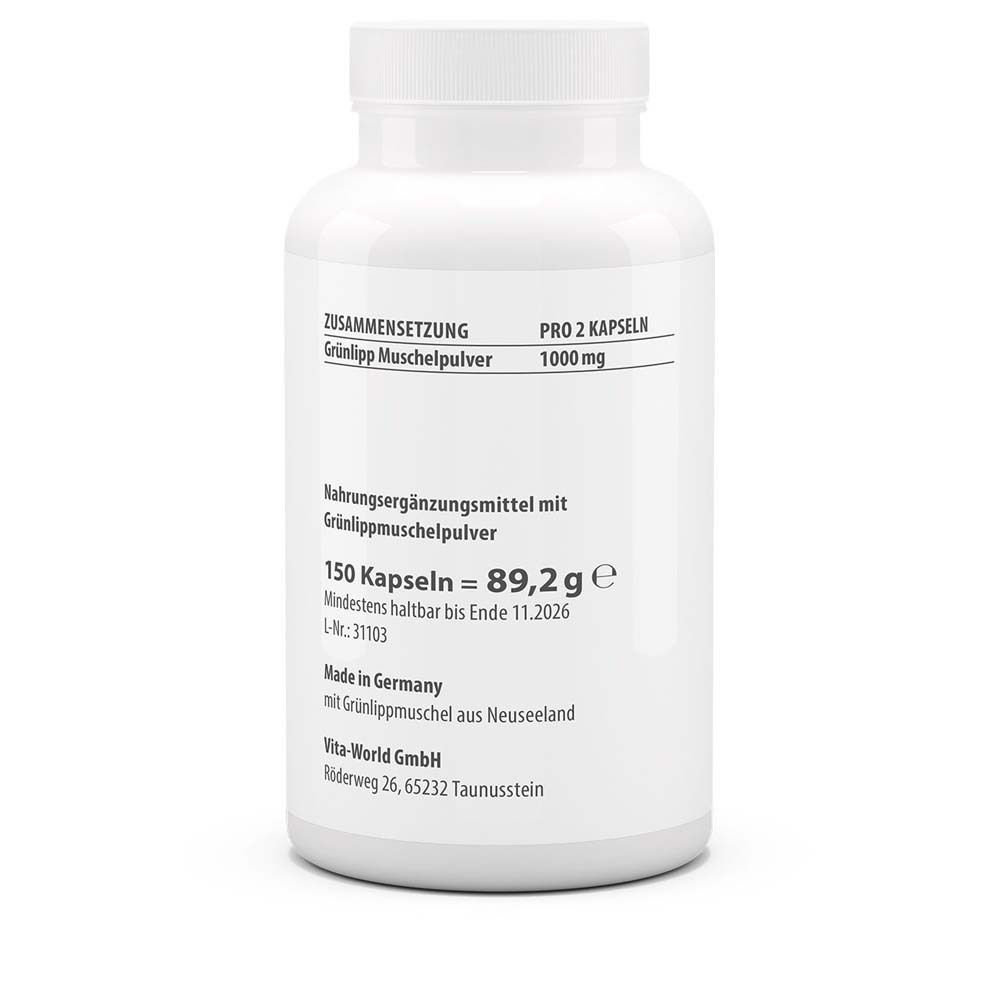 Rückseite der weißen Flasche. Aufschrift: Zusammensetzung, Grünlippmuschelpulver, 1000 mg pro 2 Kapseln, 150 Kapseln = 89,2 g.